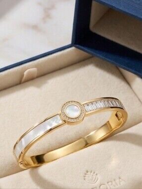 Gold Bracelet Bangle Mother Of Pearl And Zirconia